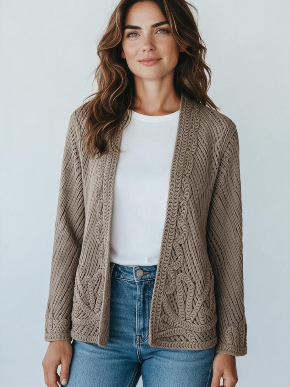 Chico's Taupe Cable-Trim Open-Front Cardigan